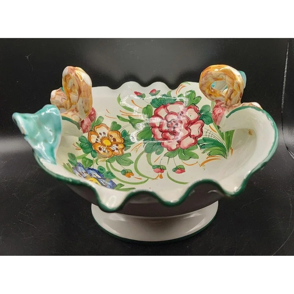 Vintage Italian Pottery Ceramic Basket Hand Painted Floral Flowers 9.5
